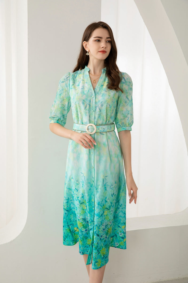 CARINA BELTED LONG SILK DRESS